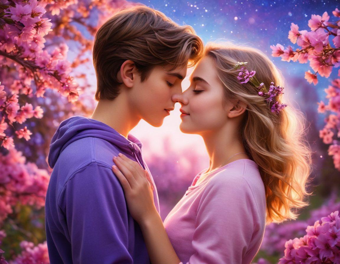 A vibrant, dreamy scene of two teenagers immersed in a heartfelt embrace under a starlit sky, surrounded by blooming flowers symbolizing young love. Their expressions radiate joy and passion, with soft hues of pink and purple illuminating the background. The atmosphere is infused with a sense of adventure and youthful energy, capturing the essence of teenage romance. whimsical art style. vibrant colors. soft focus.