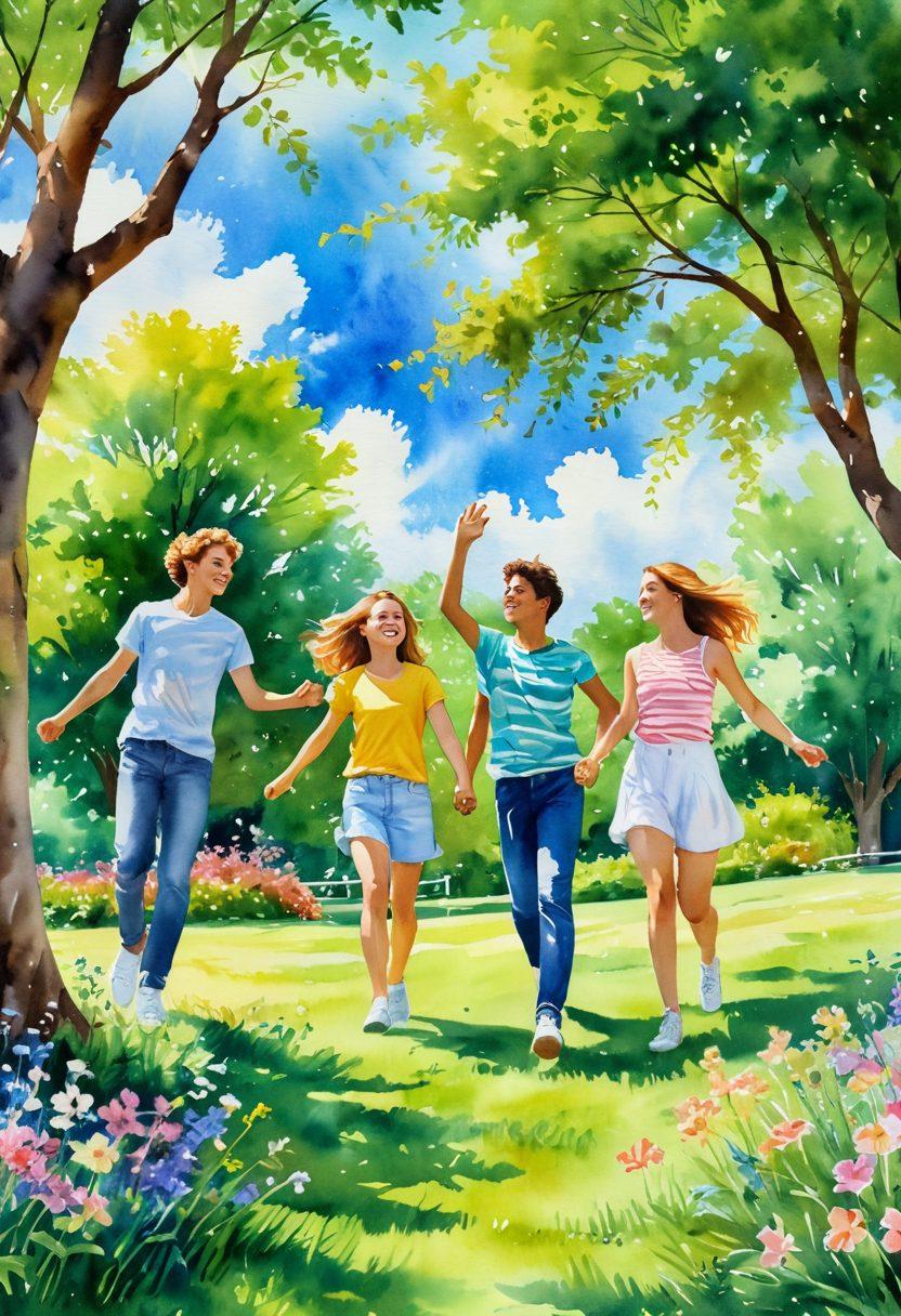 A colorful scene depicting a group of young friends joyfully enjoying a sunny day in a lush park, with playful gestures and affectionate interactions, surrounded by blooming flowers and bright green trees, embodying the essence of carefree love. The sky is blue with fluffy clouds, capturing the vibrancy of youth. watercolor. vibrant colors. soft focus.