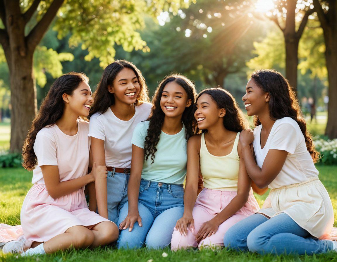 A vibrant, dynamic scene capturing a diverse group of teenagers experiencing various stages of love and friendship in a park. Include playful interactions like laughter, shy glances, and heartfelt conversations, framed by blooming flowers and golden sunlight. The atmosphere should convey a sense of innocence evolving into deeper, passionate connections. Create a dreamy, nostalgic feel with soft pastel colors. super-realistic. vibrant colors. soft focus.